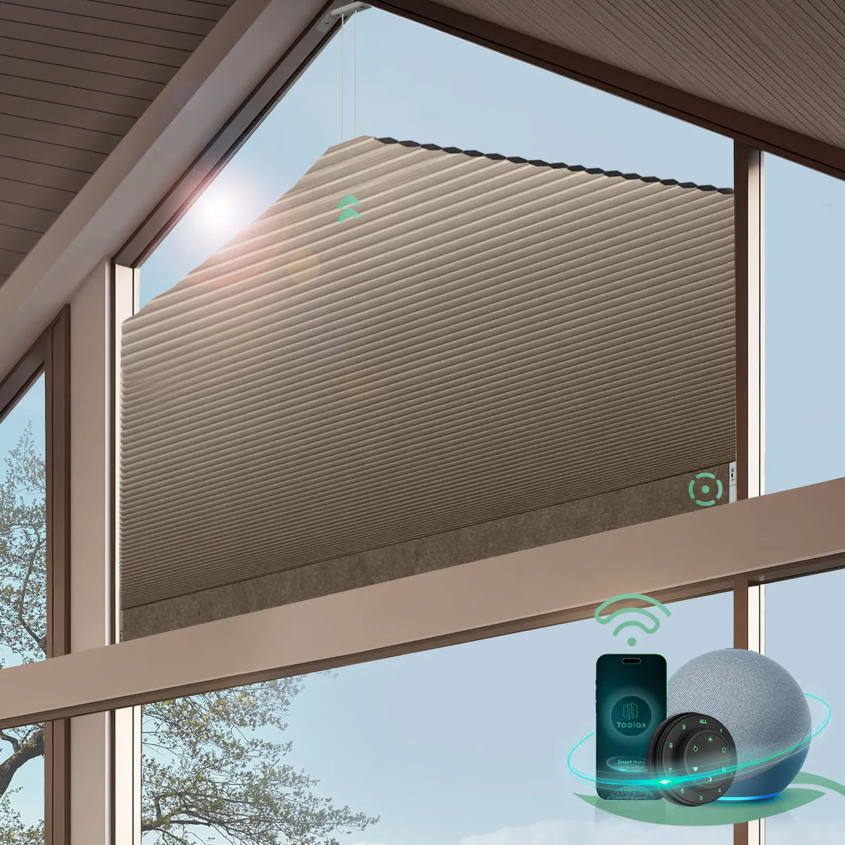 Smart blackout honeycomb shades for pentagonal shape windows-brown