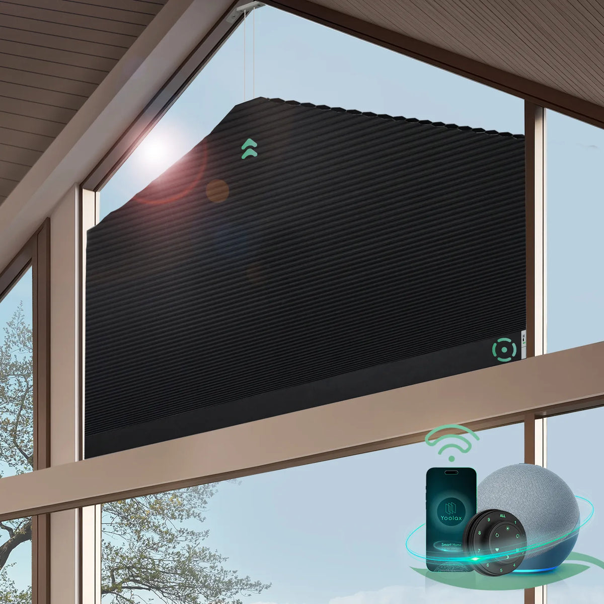 Smart blackout honeycomb shades for pentagonal shape windows-noir
