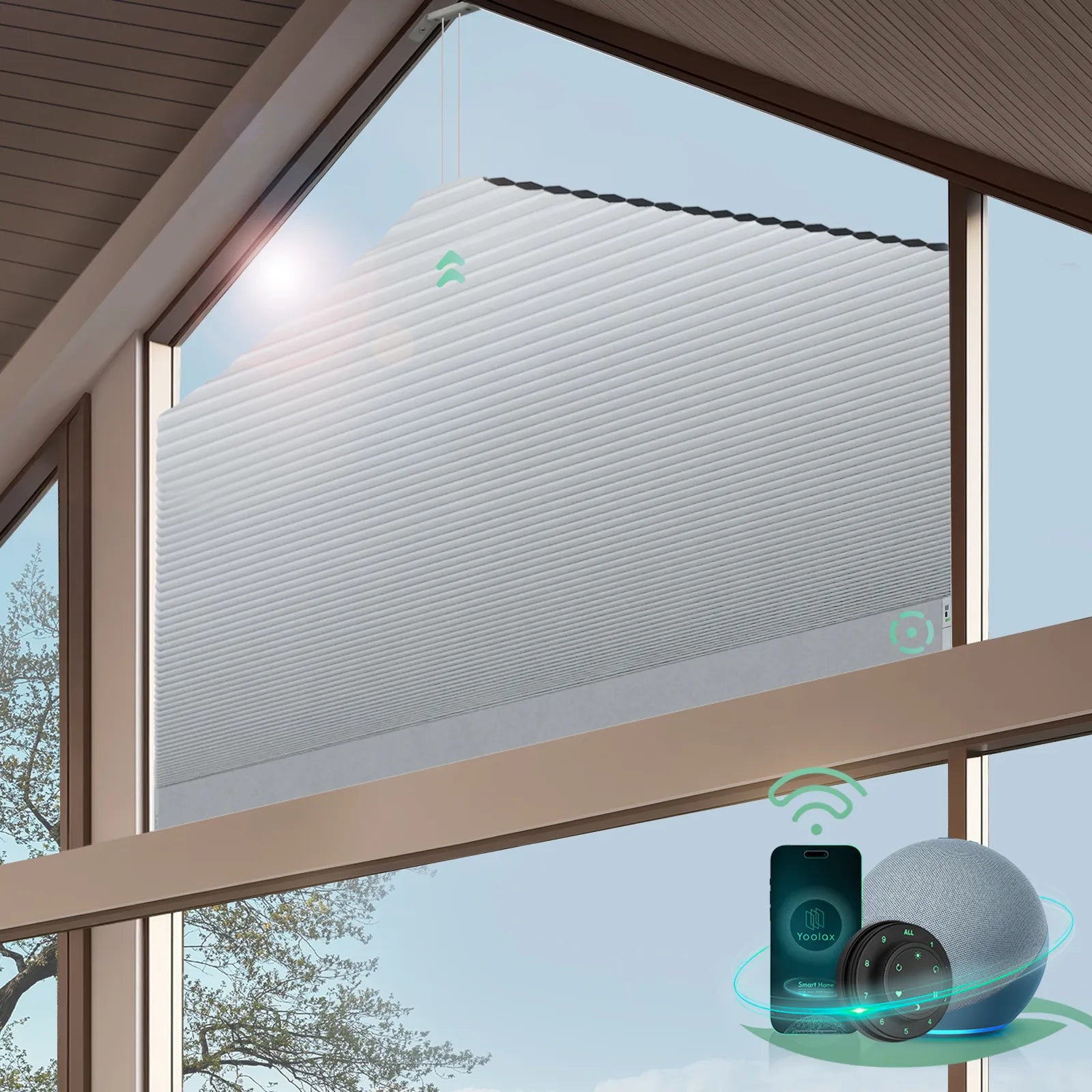 Smart blackout honeycomb shades for pentagonal shape windows-pearl