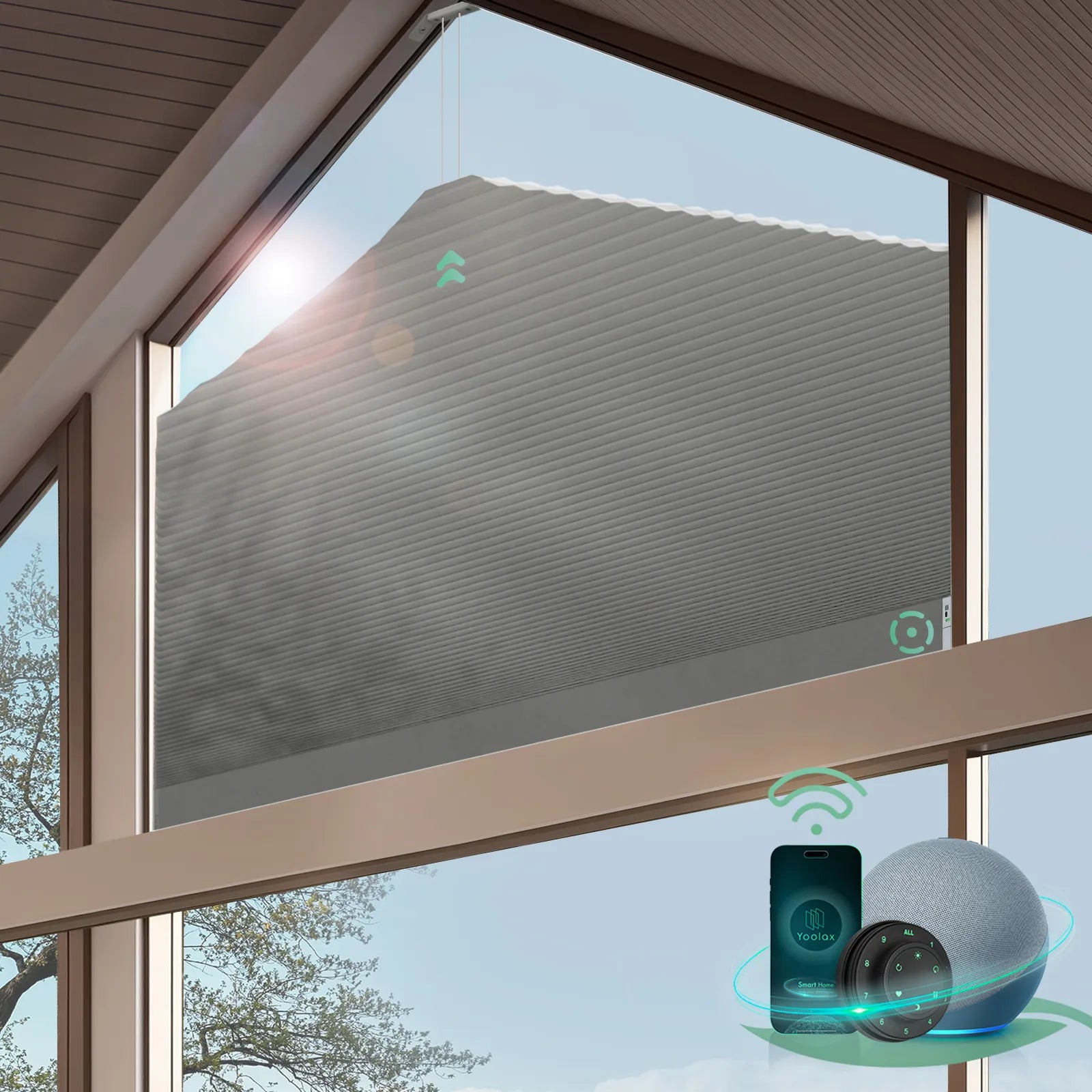 Smart half shading honeycomb shades for pentagonal shape windows-dark grey
