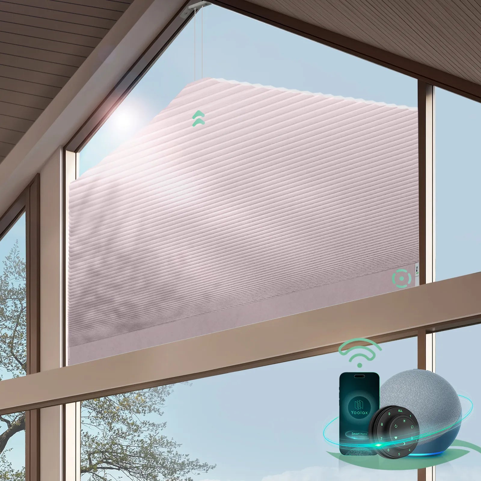 Smart half-shading honeycomb shades for pentagonal shape windows-light pink