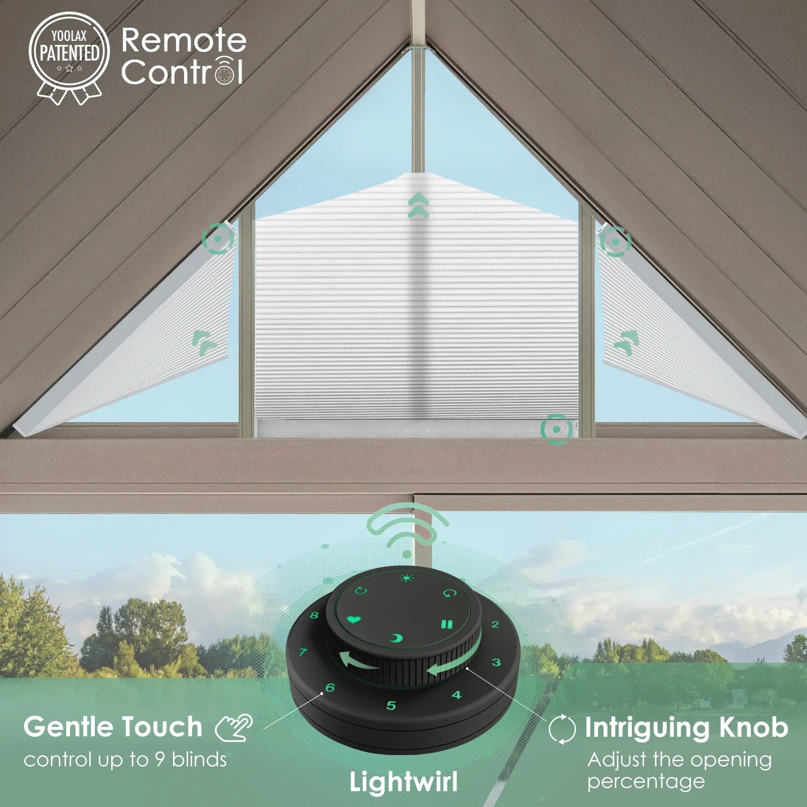 Control up to 9 cellular shades simultaneously with remote
