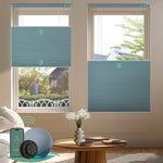 Motorized top down bottom up cellular shades with blackout blue fabric, designed for maximum privacy and light control in any space.