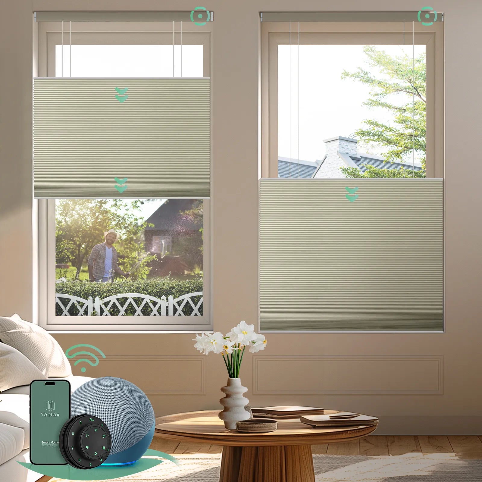 Motorized top down bottom up cellular shades with blackout beige fabric, designed for maximum privacy and light control in any space.