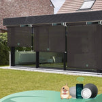 Motorized exterior window shades with 1% Openness Rich Chocolate Lover fabric,  suited for porches, patios, or decks