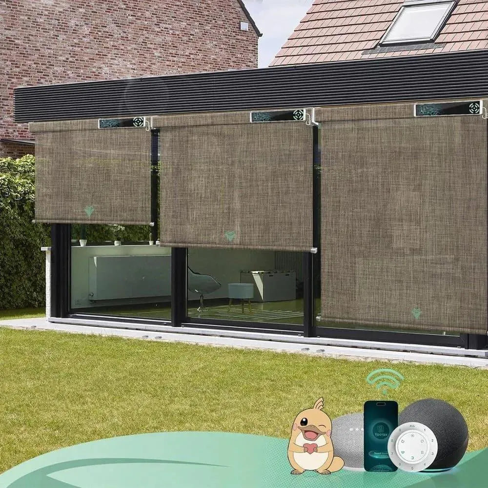 Motorized exterior window shades with 5% Openness Oat Latte fabric,  suited for porches, patios, or decks