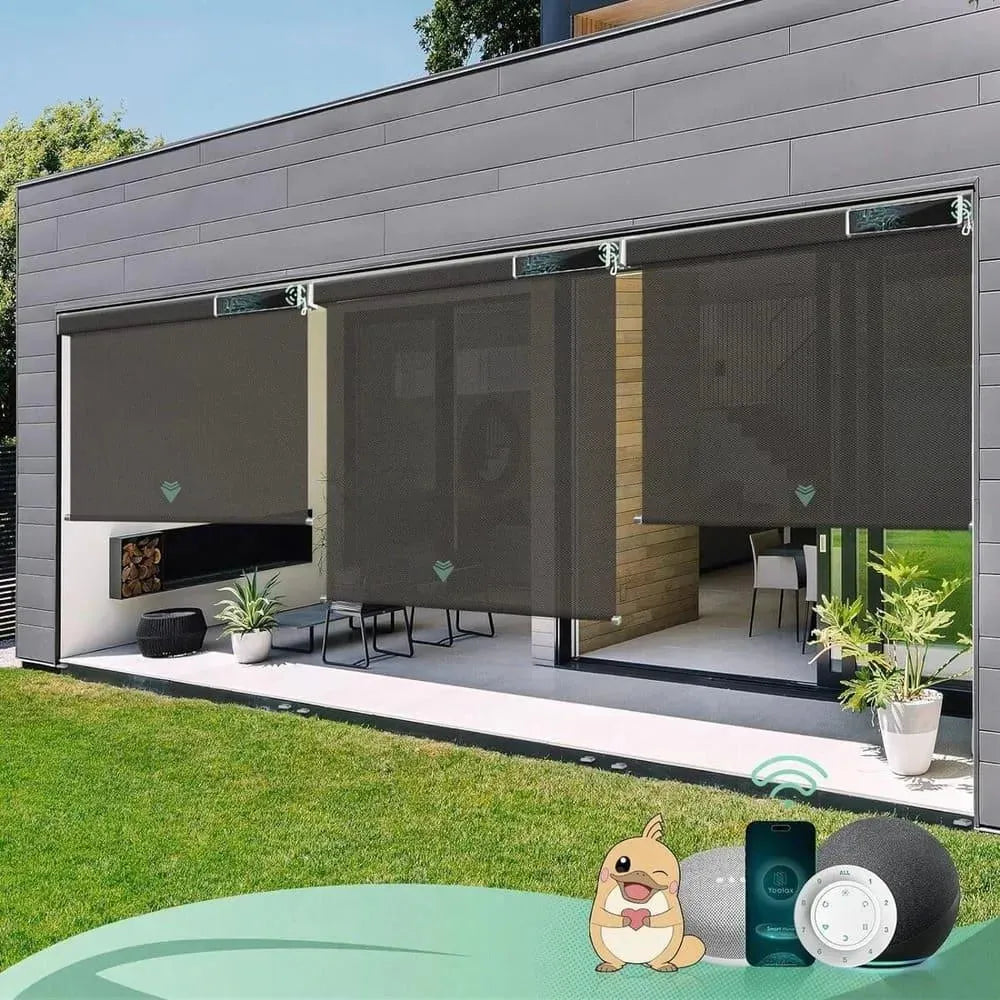 Yoolax smart outdoor patio shades with 5% Openness Alpine Rock fabric, waterproof material suited for porches, patios, or decks.