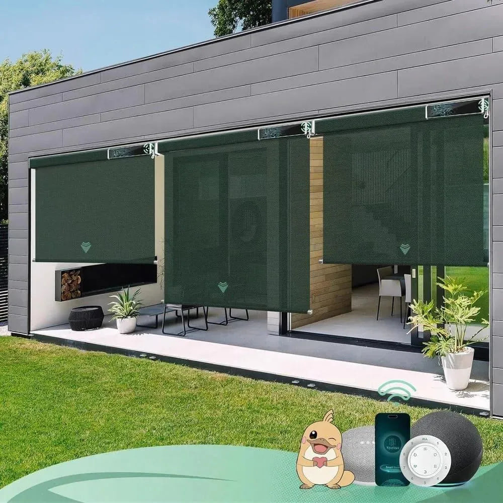 Electric outdoor roller shades with 6% Openness Jade Green fabric, suited for porches, patios, or decks