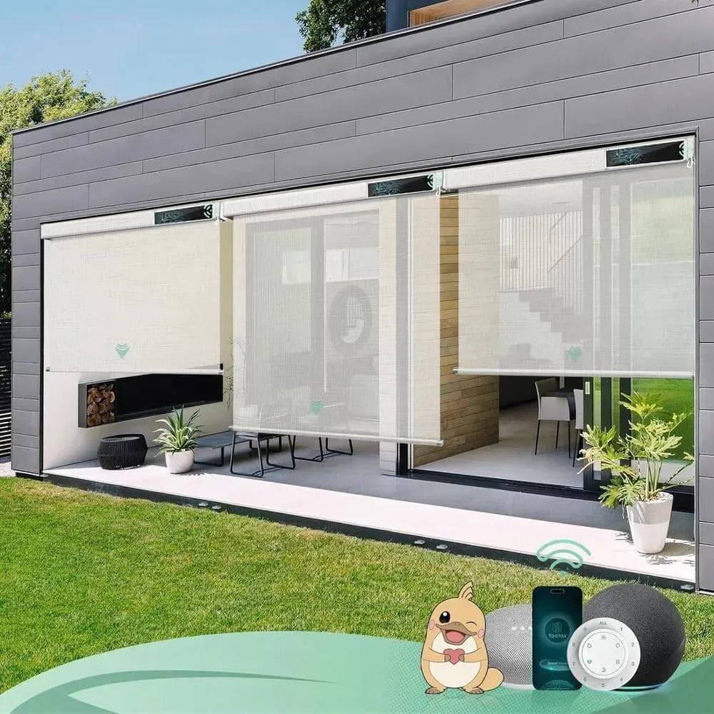 Electric outdoor window coverings  with 10% Openness White Pebble Path fabric, suited for porches, patios, or decks