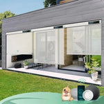 Electric outdoor window coverings  with 10% Openness White Pebble Path fabric, suited for porches, patios, or decks