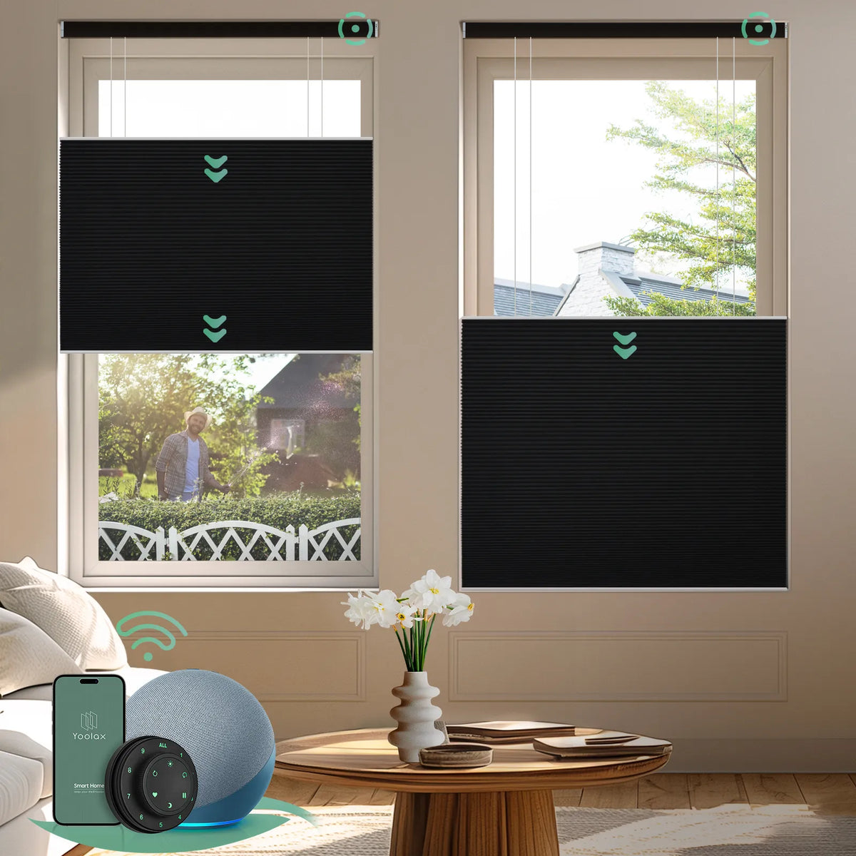 Yoolax motorized top down bottom up cellular shades with blackout black fabric, designed for maximum privacy and light control in any space.