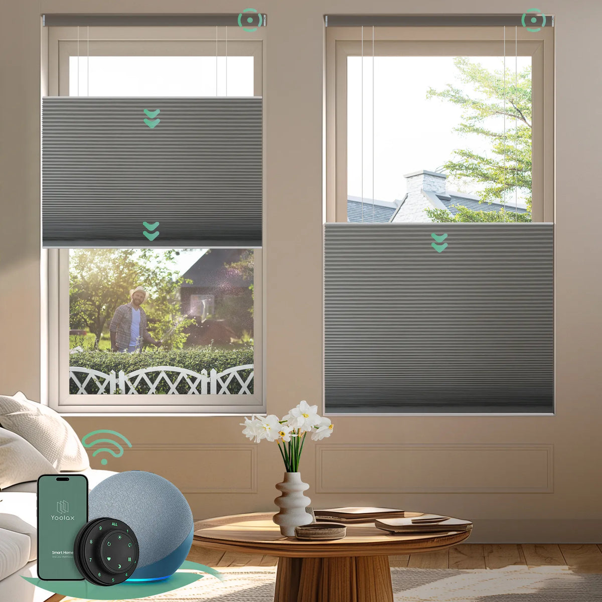 Yoolax motorized top down bottom up cellular shades with blackout dark gray fabric, designed for maximum privacy and light control in any space.