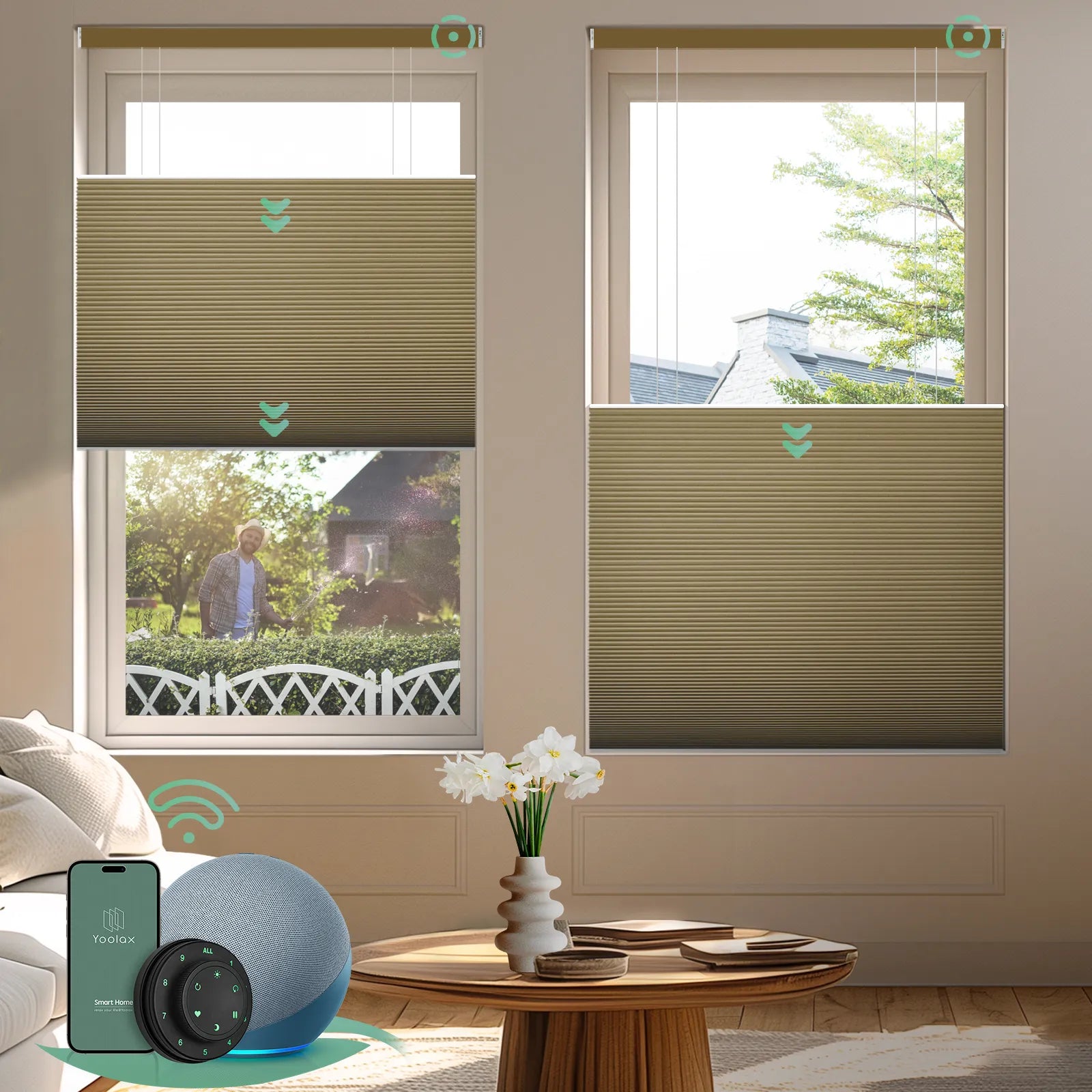 Motorized top down bottom up cellular shades with blackout khaki fabric, designed for maximum privacy and light control in any space.