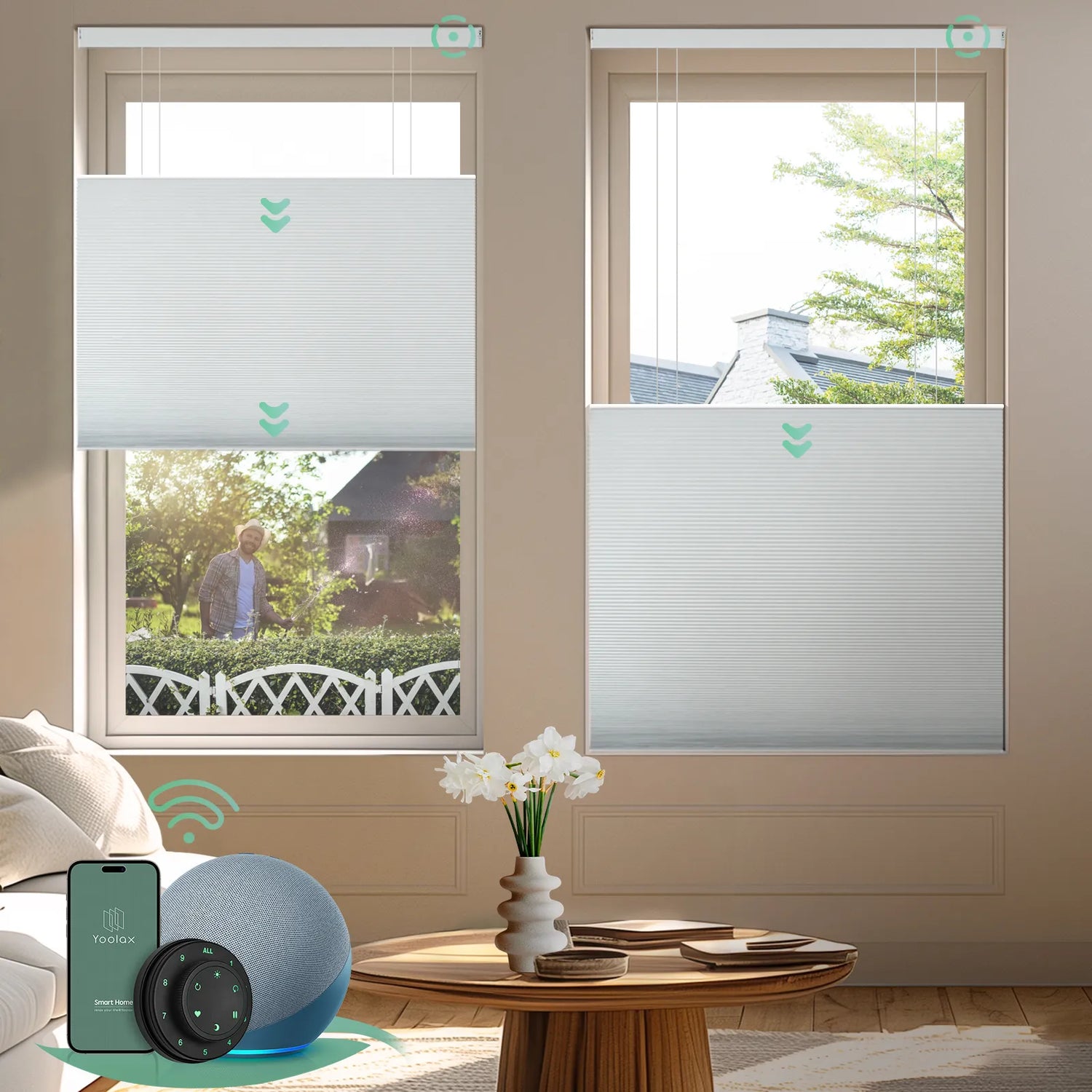 Yoolax motorized top down bottom up cellular shades with blackout white fabric, designed for maximum privacy and light control in any space.