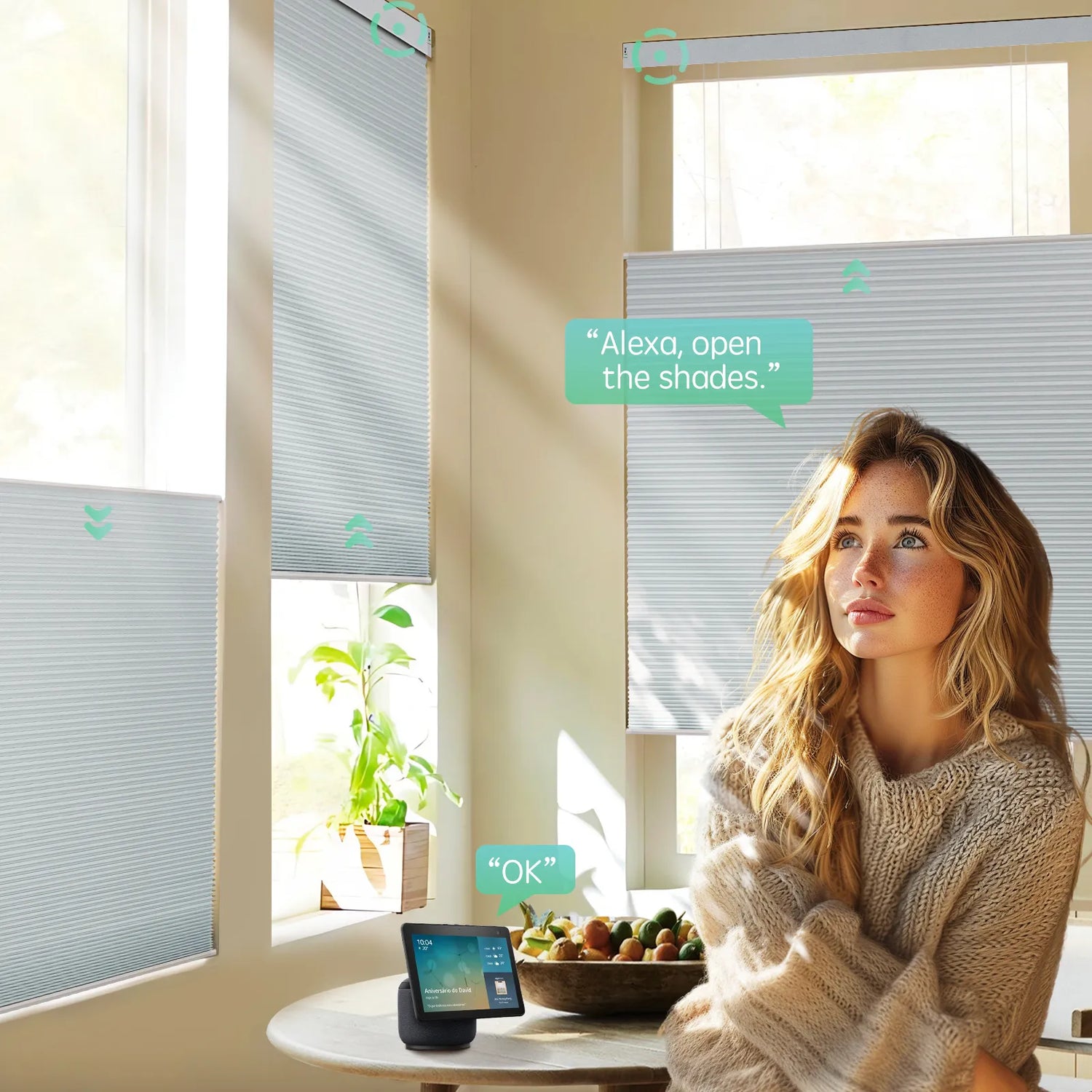 Smart tdbu cellular shades with voice control, app control , and timer functions