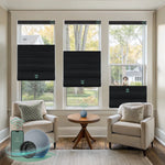 Motorized top down bottom up roman shades with blackout midnight stripe fabric, designed with a vintage romantic feel while providing superior light control and privacy