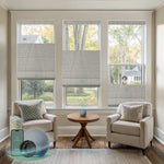 Motorized top down bottom up roman shades with blackout wood stripe fabric, designed with a vintage romantic feel while providing superior light control and privacy