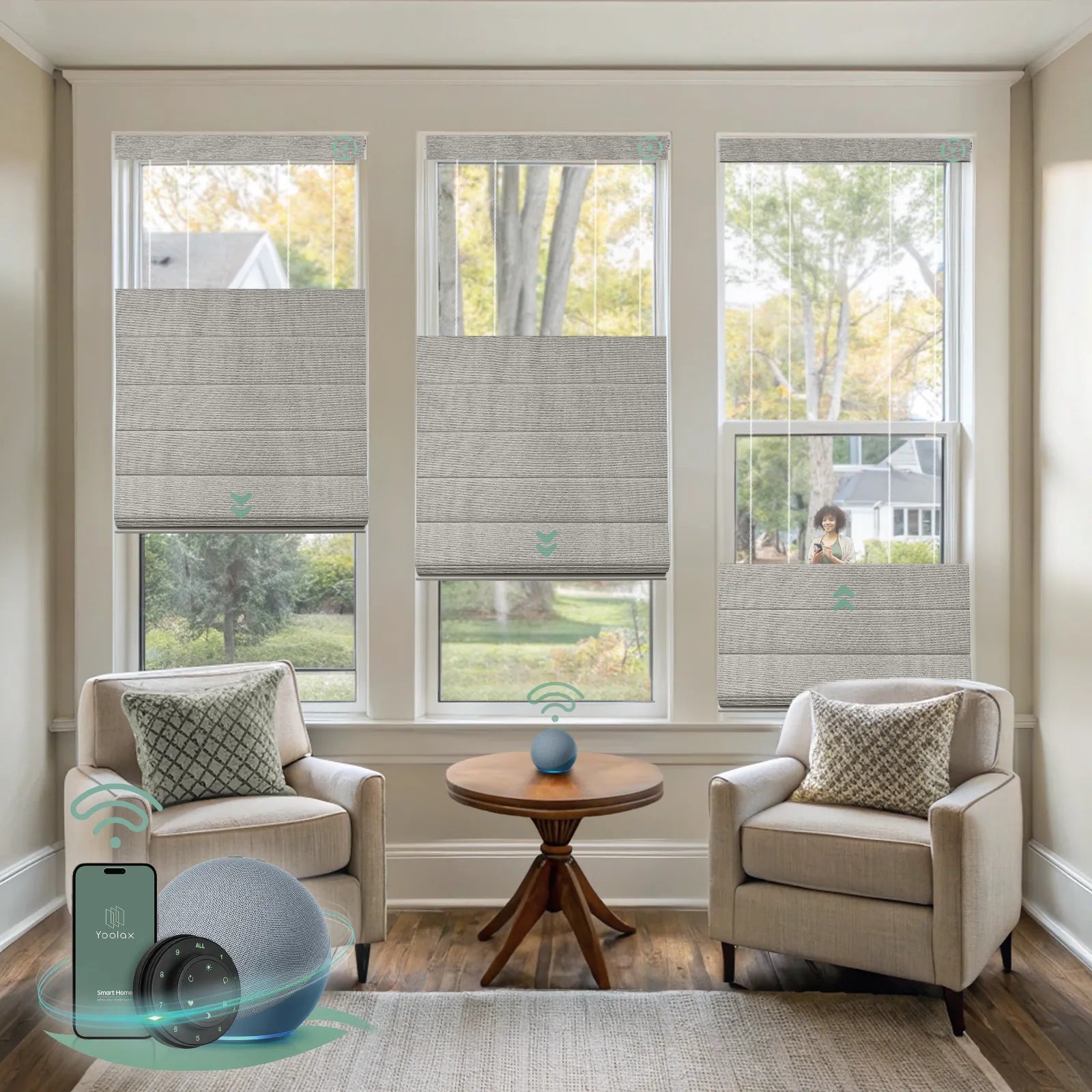 Motorized top down bottom up roman shades with blackout wood stripe fabric, designed with a vintage romantic feel while providing superior light control and privacy