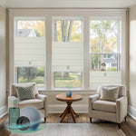 Motorized top down bottom up roman shades with blackout woven beige fabric, designed with a vintage romantic feel while providing superior light control and privacy
