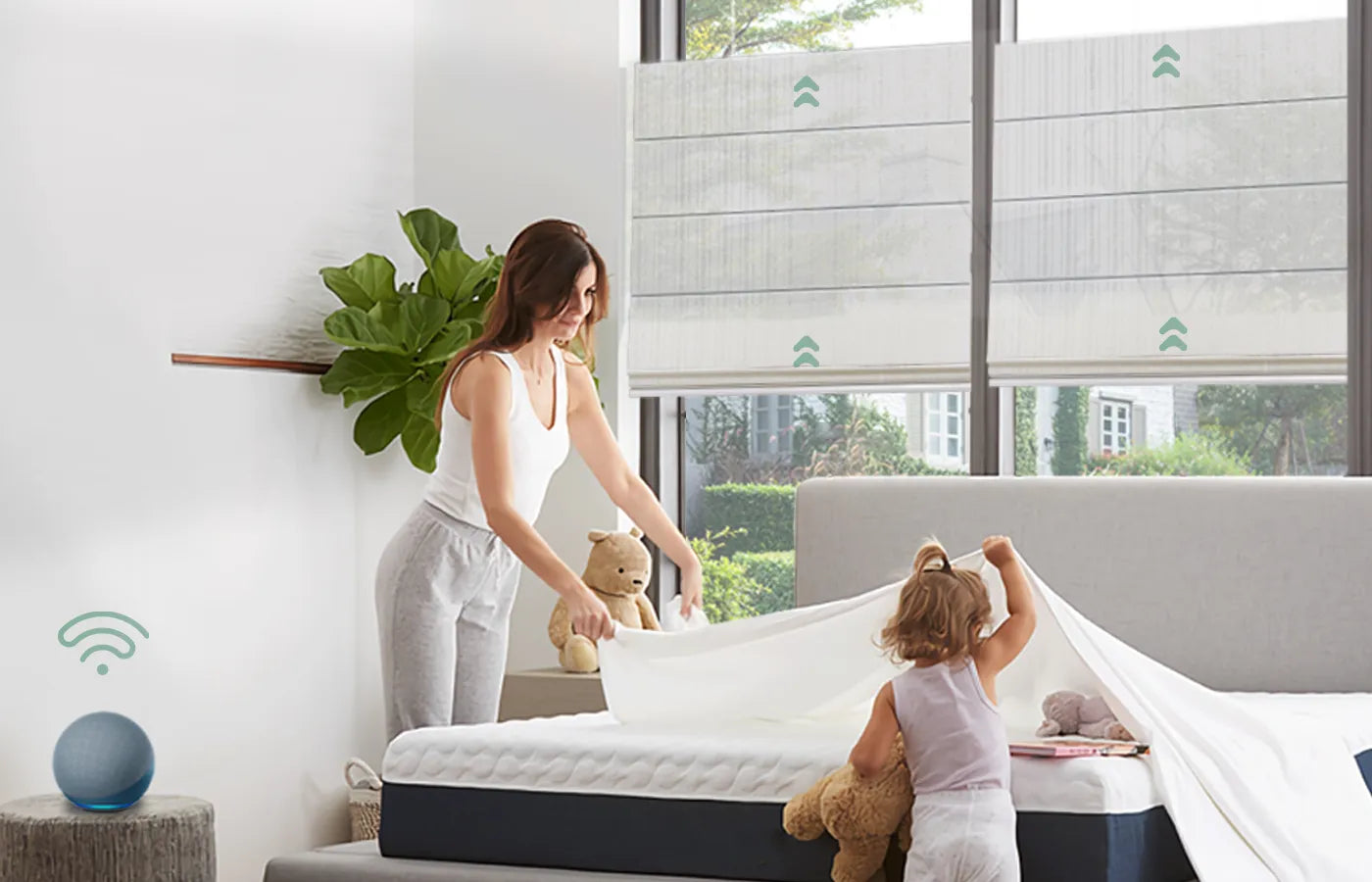 Yoolax Motorized top down bottom up light filterring roman shades offer effortless light and privacy management, ideal for large or hard-to-reach windows, bringing elegance and comfort to your home.
