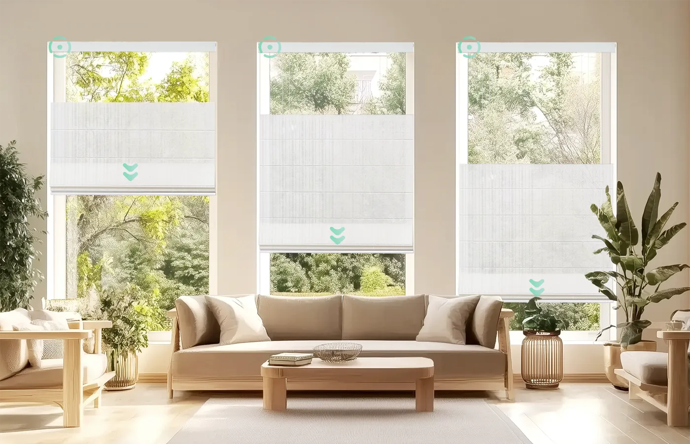 Yoolax Motorized top down bottom up light filtering roman shades with luxurious fabric folds, offering effortless control of light and privacy for any room, blending elegance, functionality, and modern convenience.