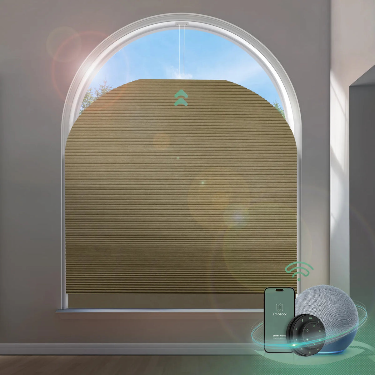 Motorized arch window shades with blackout light coffee fabric, suitable for Elongated Perfect Arch