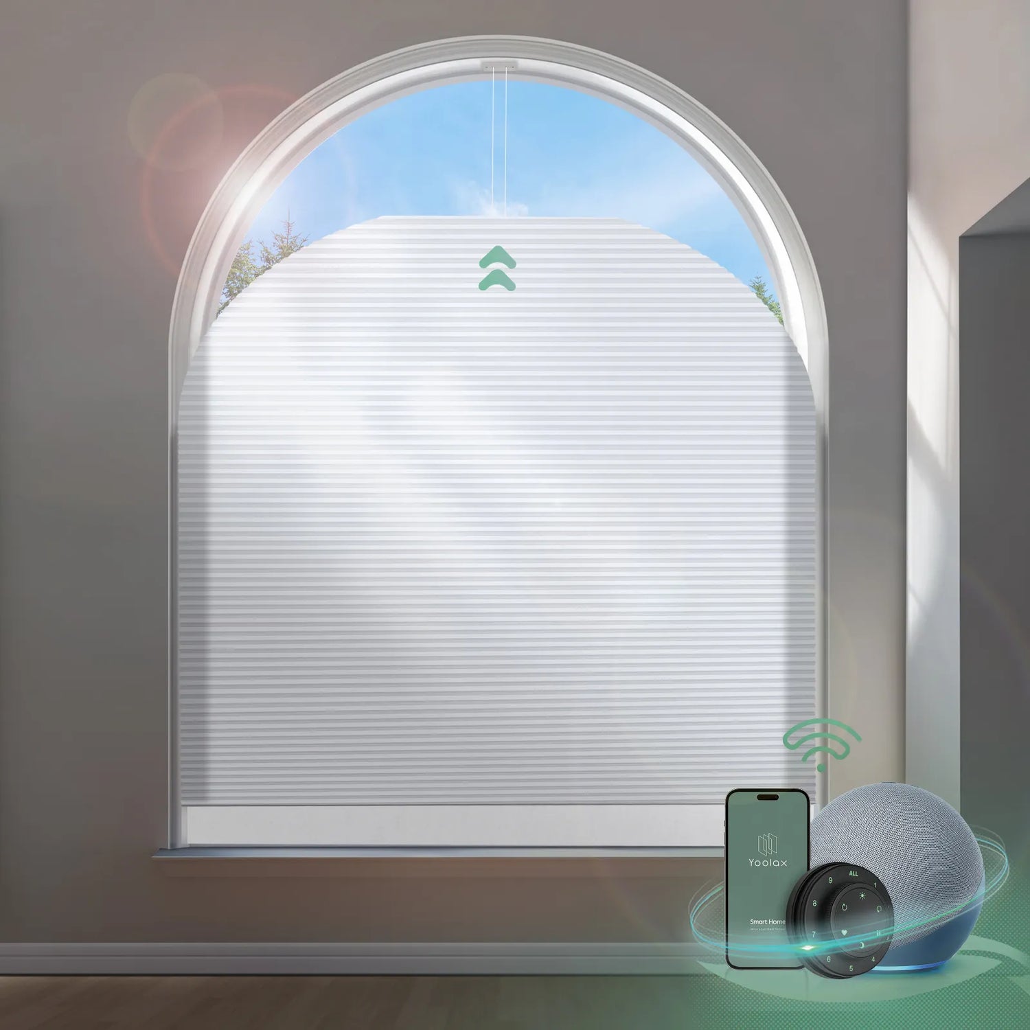 Yoolax motorized arch window shades with half shading white fabric, suitable for Elongated Perfect Arch