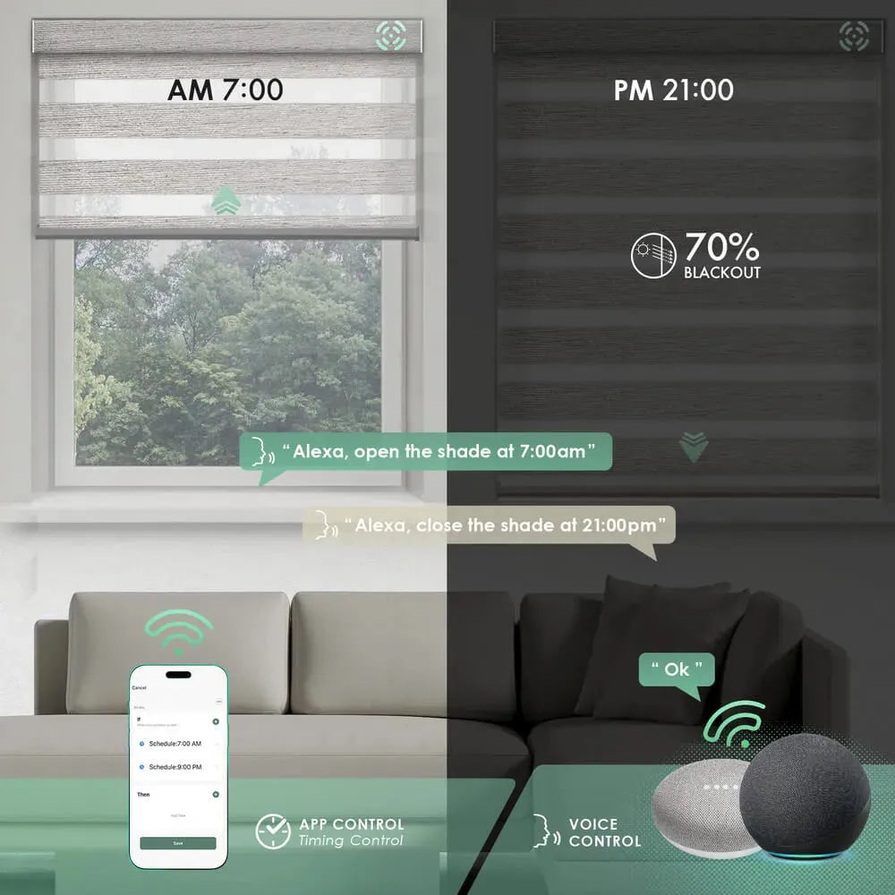 Motorized zebra shades with voice control, app control , and timer functions