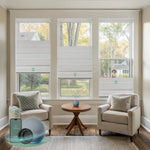 Motorized top down bottom up roman shades with blackout foggy white fabric, designed with a vintage romantic feel while providing superior light control and privacy