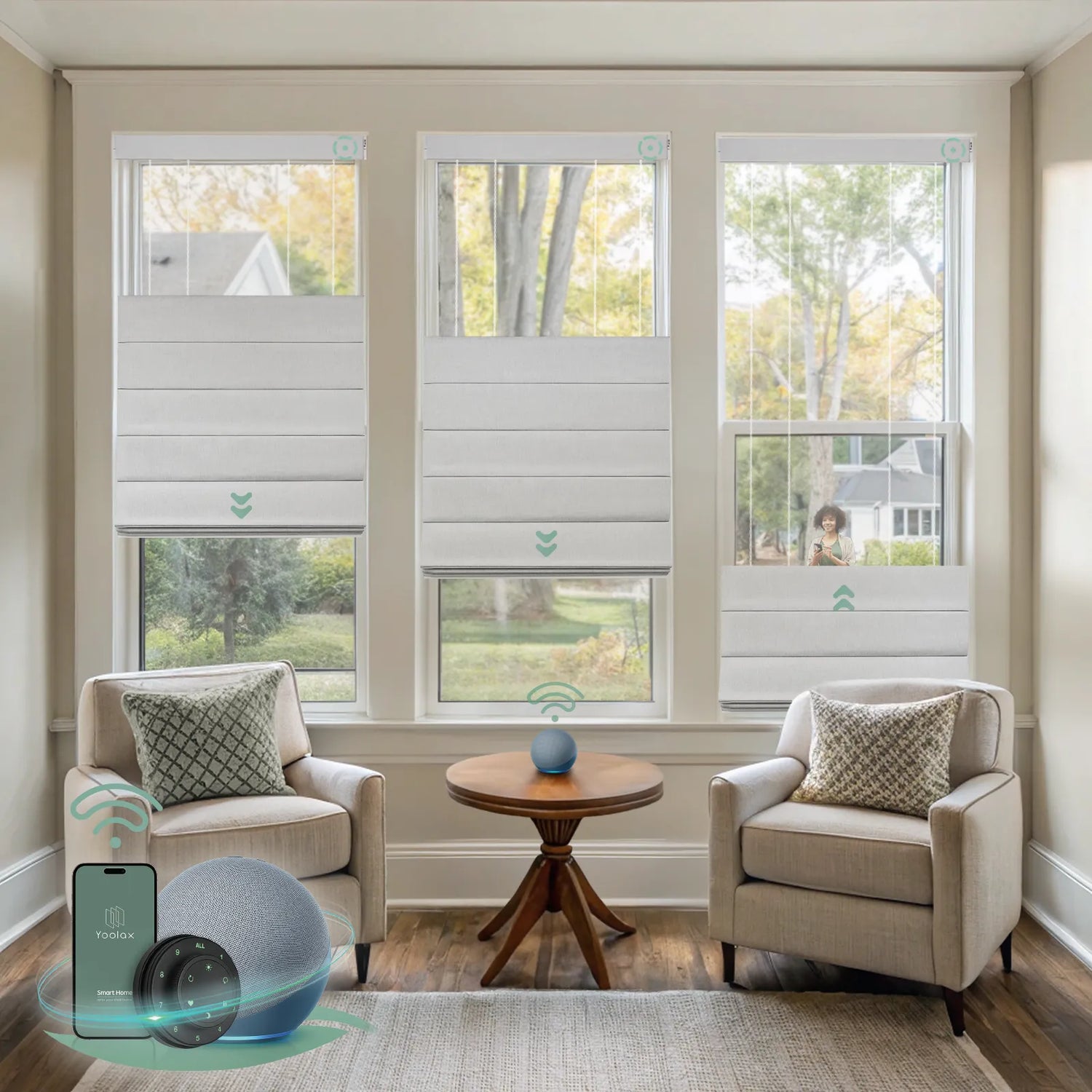 Motorized top down bottom up roman shades with blackout foggy white fabric, designed with a vintage romantic feel while providing superior light control and privacy