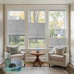 Motorized top down bottom up roman shades with blackout basalt stripe fabric, designed with a vintage romantic feel while providing superior light control and privacy
