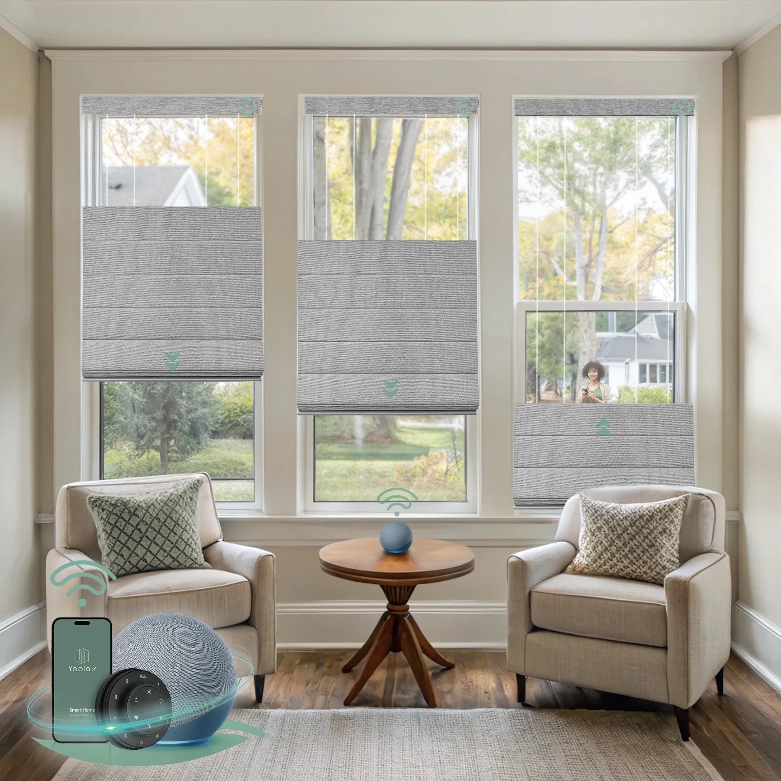 Motorized top down bottom up roman shades with blackout basalt stripe fabric, designed with a vintage romantic feel while providing superior light control and privacy