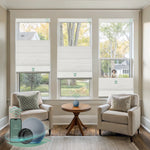 Yoolax motorized top down bottom up roman shades with blackout foggy thread fabric, designed with a vintage romantic feel while providing superior light control and privacy