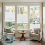 Yoolax motorized top down bottom up roman shades with light fitering starry white fabric, designed with a vintage romantic feel while providing superior light control and privacy