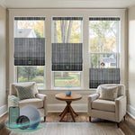 Yoolax motorized top down bottom up roman shades with light fitering dark fabric grey fabric, designed with a vintage romantic feel while providing superior light control and privacy