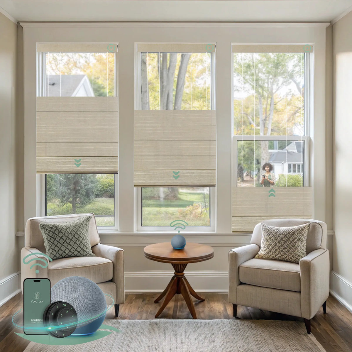 Yoolax motorized top down bottom up roman shades with light fitering woven dune fabric, designed with a vintage romantic feel while providing superior light control and privacy