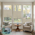 Yoolax motorized top down bottom up roman shades with light fitering woven dune fabric, designed with a vintage romantic feel while providing superior light control and privacy