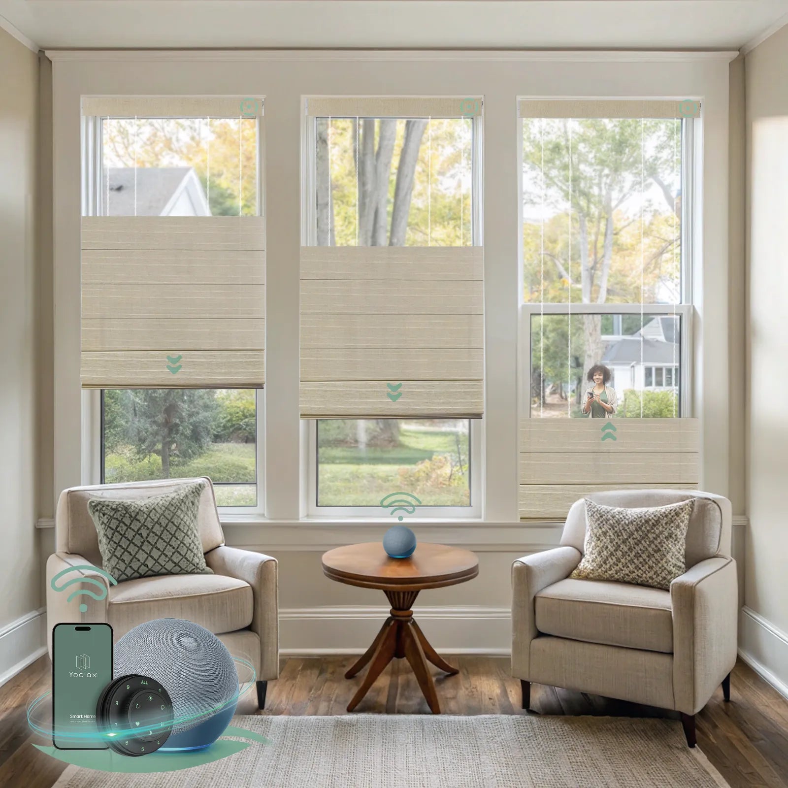 Yoolax motorized top down bottom up roman shades with light fitering woven dune fabric, designed with a vintage romantic feel while providing superior light control and privacy