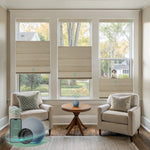 Yoolax motorized top down bottom up roman shades with blackout caramel gold fabric, designed with a vintage romantic feel while providing superior light control and privacy