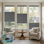 Yoolax motorized top down bottom up roman shades with blackout dark grey fabric, designed with a vintage romantic feel while providing superior light control and privacy