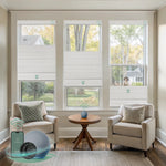 Yoolax motorized top down bottom up roman shades with blackout texture white fabric, designed with a vintage romantic feel while providing superior light control and privacy
