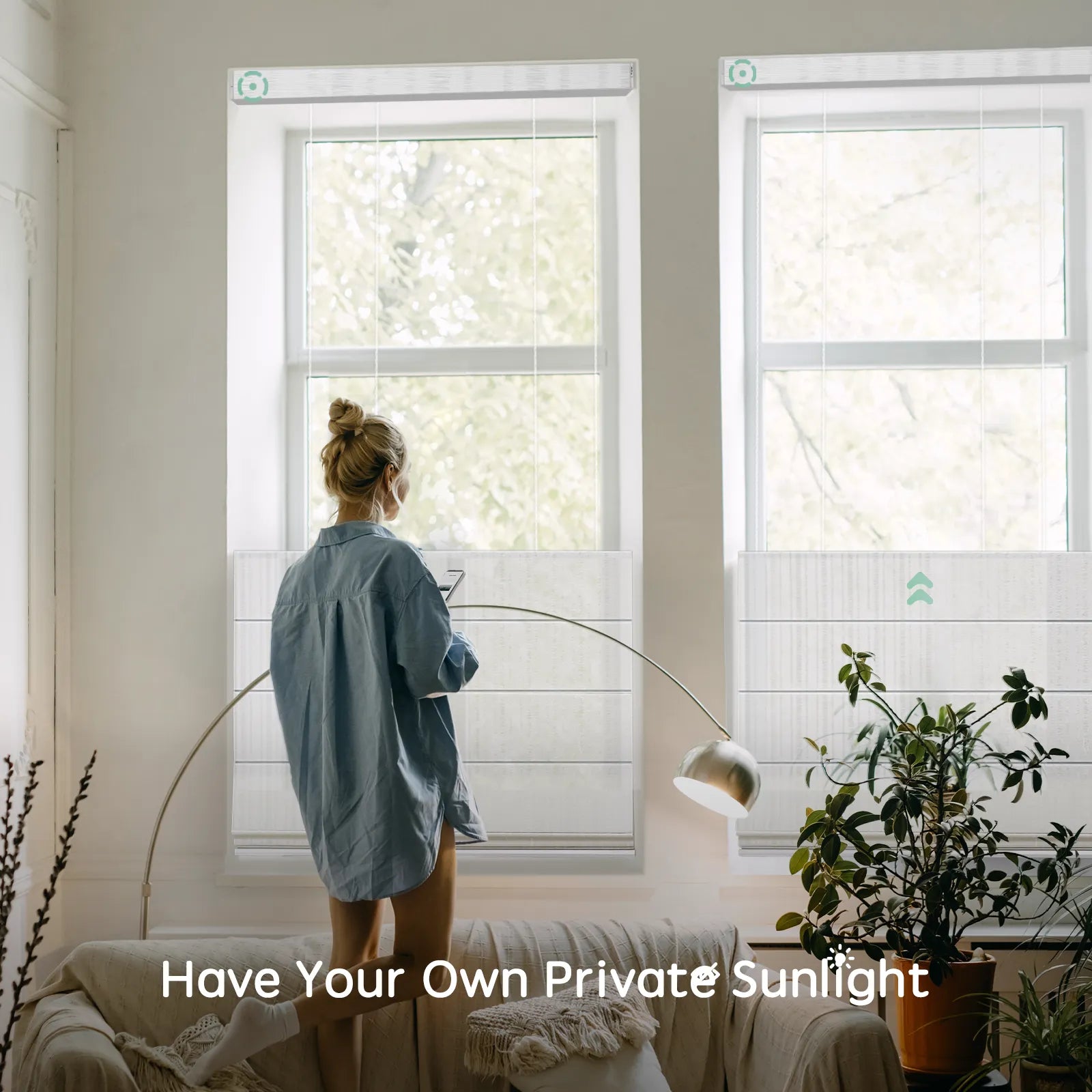 Motorized top down bottom up roman shades in blackout fabric, providing advanced privacy control and optimal light management for every room