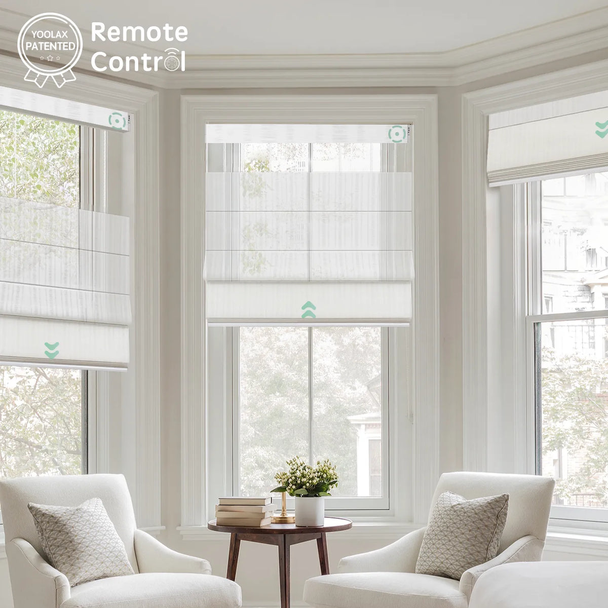 Control up to 16 top down bottom up roman shades simultaneously with remote