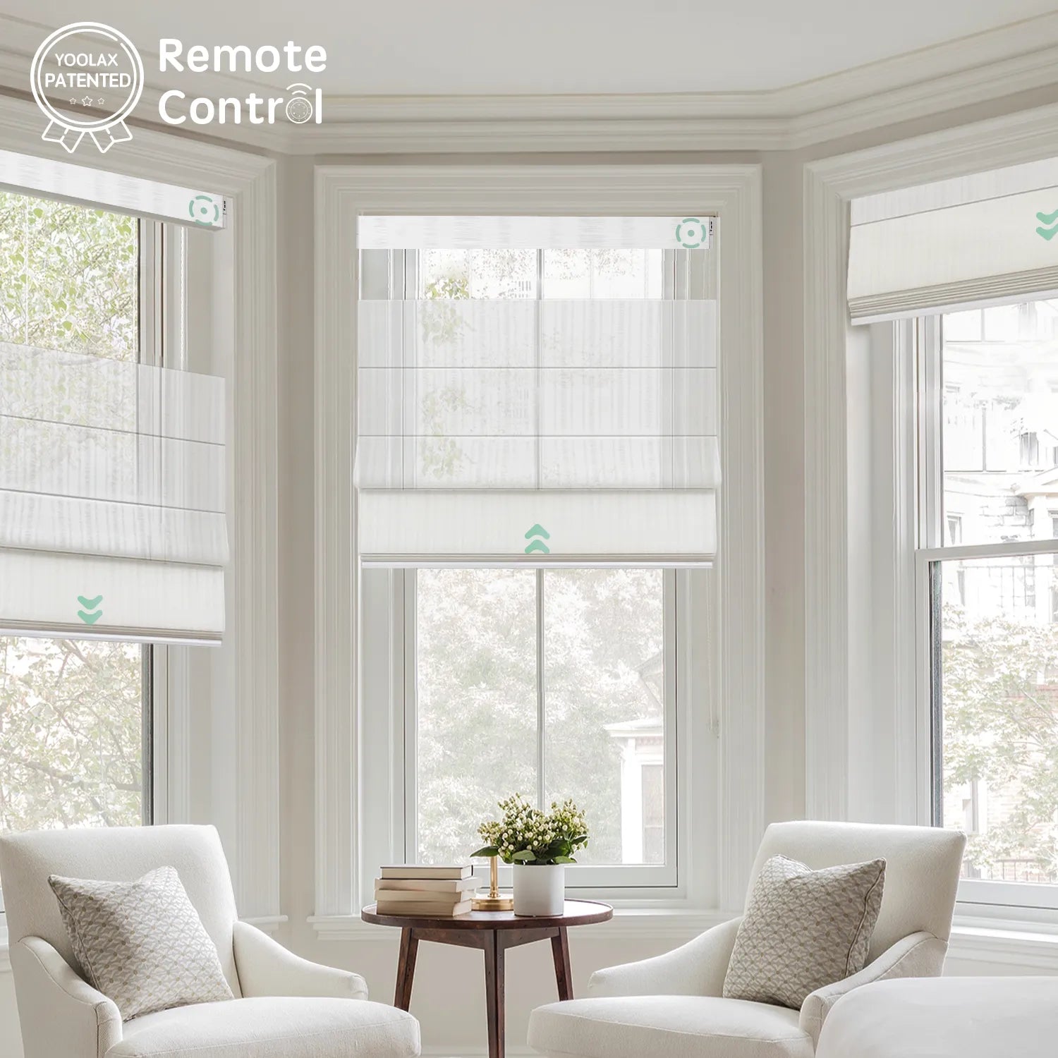 Control up to 16 top down bottom up roman shades simultaneously with remote