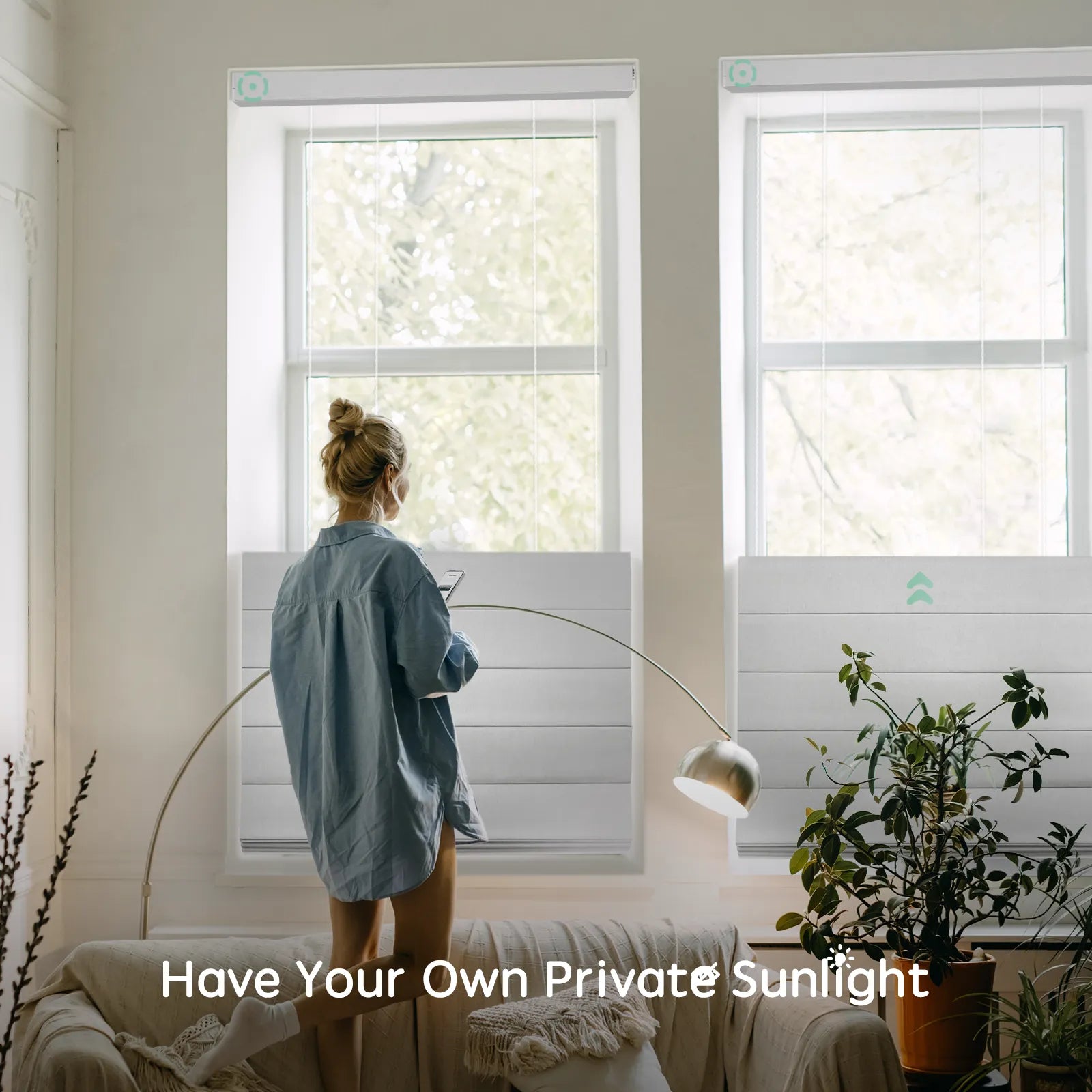 Motorized top down bottom up shades in blackout fabric, providing advanced privacy control and optimal light management for every room