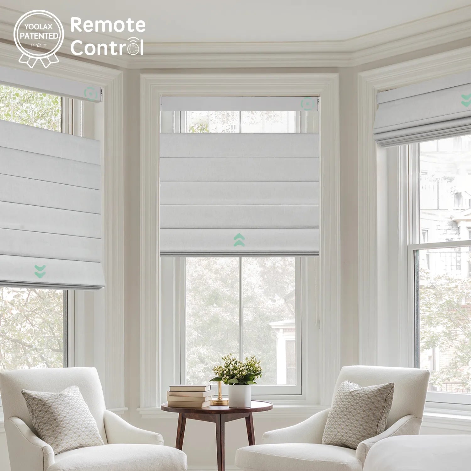 Control up to 16 top down bottom up roman shades simultaneously with remote