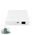 White Bluetooth smart control hub, equipped with Ethernet port and Type-C interface, supports voice and app control, compatible with smart speakers and smartphones