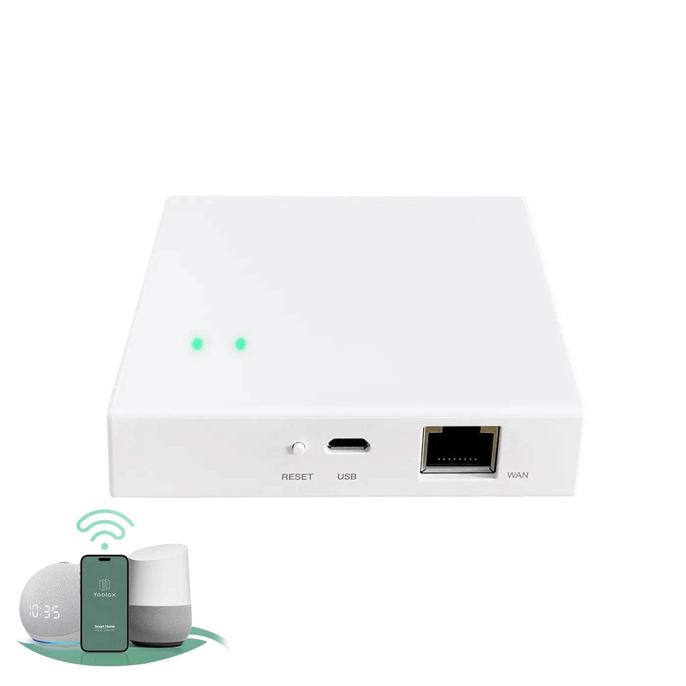 White Bluetooth smart control hub, equipped with Ethernet port and Type-C interface, supports voice and app control, compatible with smart speakers and smartphones