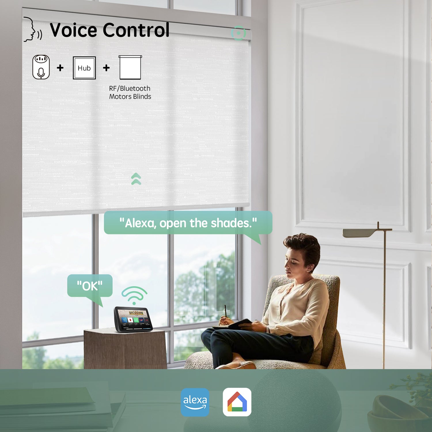 Bluetooth hub enables voice control for smart shades via Google Assistant and Amazon Alexa, ideal for seamless smart home integration