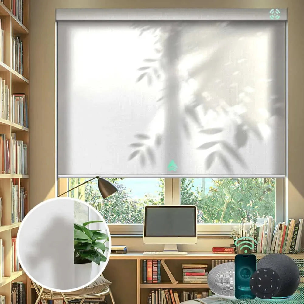Custom light filtering roller shades with half shading pure white fabric, ideal for living rooms, dining areas, and home offices.